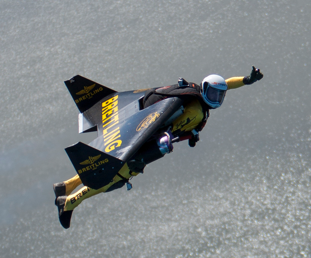 A thumbs-up from Yves 'Jetman' Rossy, who is making his first public U.S. flights at EAA AirVenture Oshkosh 2013. (Photo courtesy of Breitling)