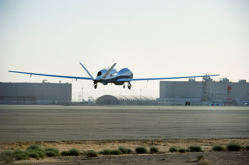 The Triton unmanned aircraft system completes its first flight May 22, 2013 from the Northrop Grumman manufacturing facility in Palmdale, Calif. The 80-minute flight successfully demonstrated control systems that allow Triton to operate autonomously. Triton is designed to fly surveillance missions up to 24-hours at altitudes of more than 10 miles, allowing coverage out to 2,000 nautical miles. The system's advanced suite of sensors can detect and automatically classify different types of ships. (U.S. Navy photo courtesy of Northrop Grumman by Daniel Perales/Released)