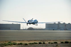 The Triton unmanned aircraft system completes its first flight May 22, 2013 from the Northrop Grumman manufacturing facility in Palmdale, Calif. The 80-minute flight successfully demonstrated control systems that allow Triton to operate autonomously. Triton is designed to fly surveillance missions up to 24-hours at altitudes of more than 10 miles, allowing coverage out to 2,000 nautical miles. The system's advanced suite of sensors can detect and automatically classify different types of ships. (U.S. Navy photo courtesy of Northrop Grumman by Daniel Perales/Released) The Triton unmanned aircraft system completes its first flight May 22, 2013 from the Northrop Grumman manufacturing facility in Palmdale, Calif. The 80-minute flight successfully demonstrated control systems that allow Triton to operate autonomously. Triton is designed to fly surveillance missions up to 24-hours at altitudes of more than 10 miles, allowing coverage out to 2,000 nautical miles. The system's advanced suite of sensors can detect and automatically classify different types of ships. (U.S. Navy photo courtesy of Northrop Grumman by Daniel Perales/Released)