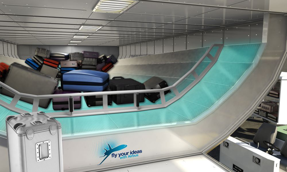 Visual interpretation of the winning concept for Airbus&rsquo; Fly Your Ideas competition: Team Levar from Brazil proposed using the principles of air hockey to easily and safely load and unload luggage, potentially turning over passengers&rsquo; bags 30% faster for a smoother air travel experience.