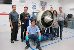 Dallas Airmotive&rsquo;s Singapore Regional Turbine Center (RTC) team has completed its first Major Periodic Inspection (MPI) on a Honeywell TFE731 engine. The Singapore RTC is the only such approved facility in the region. Pictured left to right: Michael Chong, Quality Manager; Francis Lee, General Manager; Yow Kim Fui, Engineer (Seated); Bryan Pay, Technician; Teo Boon Choy, Technician; Gio Choon, Administrator; and Jeff Baust, Quality Supervisor.