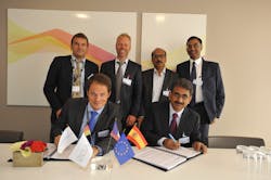 Matthieu Louvot, Senior Vice President of Support and Services, Eurocopter and P. R. Venketrama Raja, Vice Chairman & Managing Director, Ramco Systems signing the partnership agreement in the presence of Rick Peeks and Antoine Rivet from Eurocopter and Virender Aggarwal and Ranganathan Jagannathan from Ramco Systems. Matthieu Louvot, Senior Vice President of Support and Services, Eurocopter and P. R. Venketrama Raja, Vice Chairman & Managing Director, Ramco Systems signing the partnership agreement in the presence of Rick Peeks and Antoine Rivet from Eurocopter and Virender Aggarwal and Ranganathan Jagannathan from Ramco Systems.