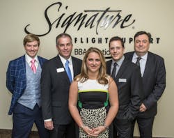 (Left to right): Philippe de Gaspé Beaubien III – Chairman – Starlink Corporation; Zachary Neds – Area Director, Signature Flight Support; Casey Cannone – Analyst, Business Development Signature Flight Support; David Bruneau – General Manager – Signature Flight Support Montreal; and Zoran Bratuljevic – President and COO Starlink Aviation. (Left to right): Philippe de Gaspé Beaubien III – Chairman – Starlink Corporation; Zachary Neds – Area Director, Signature Flight Support; Casey Cannone – Analyst, Business Development Signature Flight Support; David Bruneau – General Manager – Signature Flight Support Montreal; and Zoran Bratuljevic – President and COO Starlink Aviation.