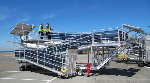 At the Seattle-Tacoma International Airport and Norman Y. Mineta San Jose International Airport, the airline has been testing out solar-powered passenger ramps manufactured by Keith Consolidated Industries, White City, OR.