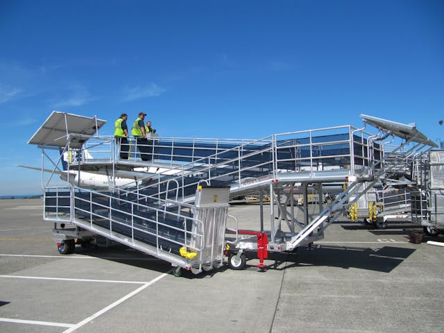 At the Seattle-Tacoma International Airport and Norman Y. Mineta San Jose International Airport, the airline has been testing out solar-powered passenger ramps manufactured by Keith Consolidated Industries, White City, OR.