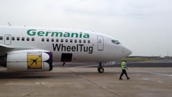 The electric WheelTug unit needs only four pounds of fuel per minute by using the aircraft's auxiliary power unit (APU), representing an 80 percent reduction in ground operation fuel consumption. The electric WheelTug unit needs only four pounds of fuel per minute by using the aircraft's auxiliary power unit (APU), representing an 80 percent reduction in ground operation fuel consumption.