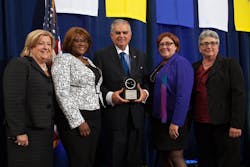L to R: WTS President &amp; CEO Marcia Ferranto, Transportation YOU student Sabrina Gantt, Ray LaHood, Deputy Transportation Secretary for the NYS Governor&apos;s Office Karen Rae, WTS Chair, Dana Hook, P.E.