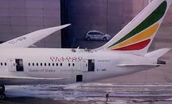 Because the 787 is the first large commercial jet made from carbon-fiber-reinforced plastic composites, there's no precedent for the substantial damage to the Ethiopian jet's hull. Because the 787 is the first large commercial jet made from carbon-fiber-reinforced plastic composites, there's no precedent for the substantial damage to the Ethiopian jet's hull.