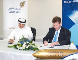 Gulf Air&rsquo;s Acting Chief Executive Officer, Maher Salman Al Musallam and Dubai Airports CEO Paul Griffiths sign a MoU which will see the airline start daily flights on December 8, 2013 between Bahrain and Al Maktoum International at Dubai World Central. Gulf Air is the first full-service network carrier to serve Al Maktoum International, Dubai&apos;s second airport which is due to open to passengers on October 27, 2013.