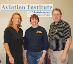 Karen Berg, Aircraft Maintenance Technology magazine associate publisher; Joanne Leming, executive director AIM Las Vegas campus; and Ron Donner, AMTSociety executive director.