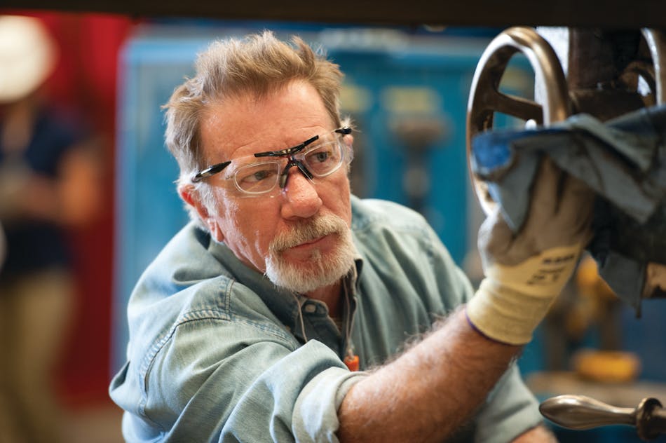 Older workers with decreased visual acuity can wear safety eyewear with close-fit prescription Rx lens inserts that can be clipped behind an eye shield.