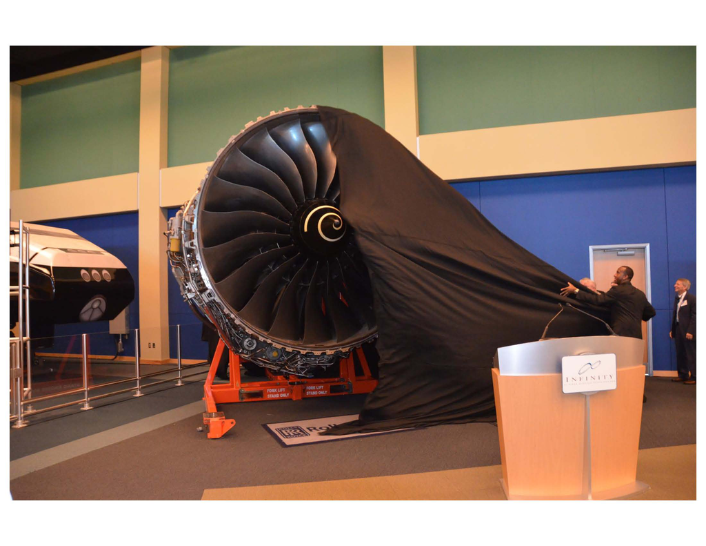 A production test engine Trent 1000 is unveiled at the Infinity Science Center near the NASA John C. Stennis Space Center in Hancock County Mississippi.