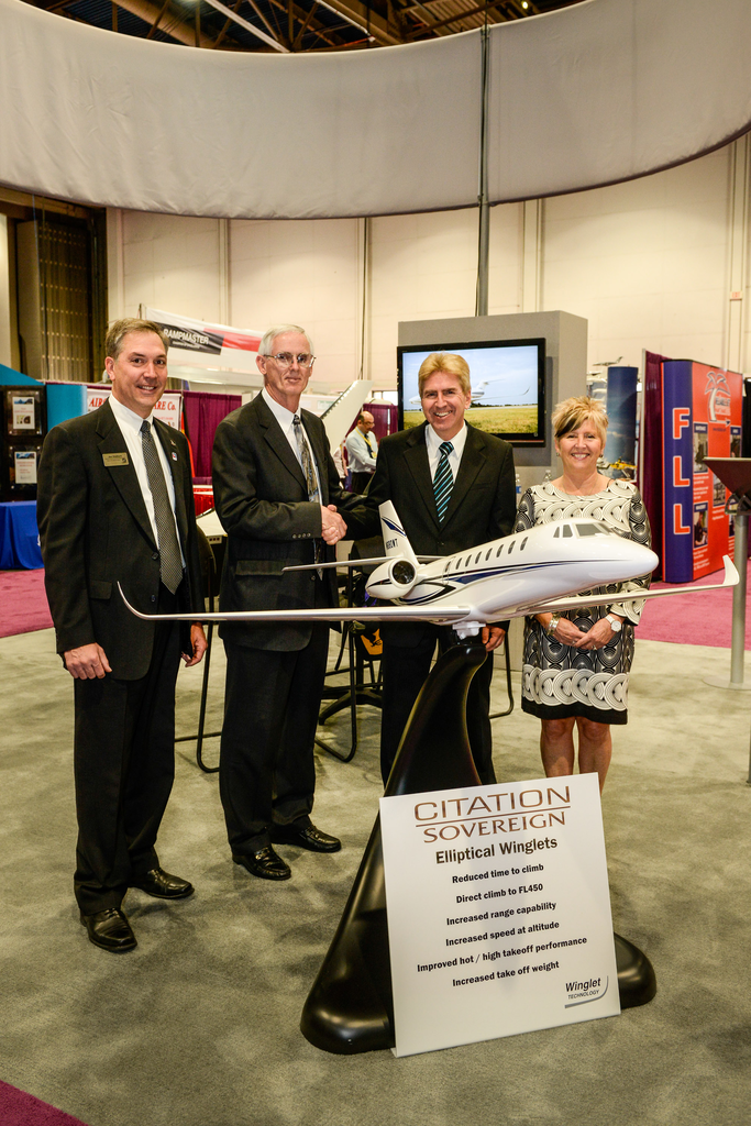 Pictured from left to right in the photo are Cessna Senior VP Customer Service Joe Hepburn, Bob Kiser, President and CEO of Winglet Techology, Dave Anderson, Vice President and Jody McLean, Executive Assistant from Anderson Air.