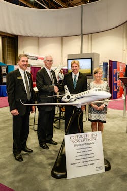Pictured from left to right in the photo are Cessna Senior VP Customer Service Joe Hepburn, Bob Kiser, President and CEO of Winglet Techology, Dave Anderson, Vice President and Jody McLean, Executive Assistant from Anderson Air.