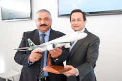 Captain Saad Al-Khafaji, Chief Executive Officer and Director General, Iraqi Airways and Mike Arcamone, President, Bombardier Commercial Aircraft in Dubai, following the announcement Iraqi Airways signed a letter of intent for up to 16 Bombardier CS300 aircraft.