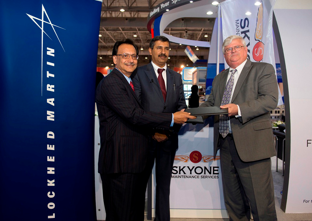 Skyone Maintenance Services officials (from left) Sam Sayani, chief executive officer, and Jaideep Mirchandani, chairman, officially announced a business alliance with Lockheed Martin&rsquo;s Kelly Aviation Center (LMKAC), represented by Business Development Director Frank Cowan, at the Dubai Air Show. The collaboration with LMKAC, provider of engine maintenance, repair and overhaul (MRO) services, supports Skyone&rsquo;s commercial MRO capabilities and its commitment to providing the convenience of full aircraft MRO performed through a single company.