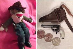 Owner says doll&apos;s 2-inch gun weighs less than an ounce. Its trigger and hammer move, but the barrel is solid.