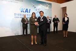 Pictured left to right is Becky Williams, president of LORD Asia Pacific Limited and Ha, Sung Yong, president and CEO of Korea Aerospace Industries, Ltd. Pictured left to right is Becky Williams, president of LORD Asia Pacific Limited and Ha, Sung Yong, president and CEO of Korea Aerospace Industries, Ltd.