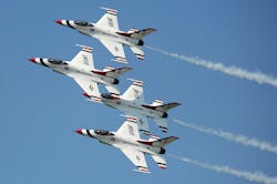 The U.S. Air Force Air Demonstration Squadron &apos;Thunderbirds&apos; perform the Diamond Pass and Review during the Cleveland National Air Show, Sept. 3, 2011.