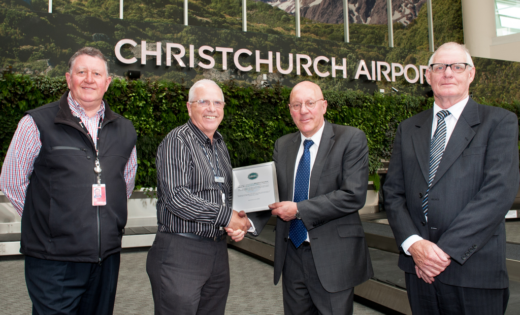 Pictured is AAGSC Chairman Keith Butler presenting the 2013 Safety Award to Jim Boulter, Chief Executive of Christchurch International Airport. On the left is Guy Menzies, Safety Systems Manager for PlaneBiz Ground Handlers at Christchurch, who nominated CIAL for the Award. Graeme Quate, Apron Operations Manager is on the right.