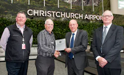 Pictured is AAGSC Chairman Keith Butler presenting the 2013 Safety Award to Jim Boulter, Chief Executive of Christchurch International Airport. On the left is Guy Menzies, Safety Systems Manager for PlaneBiz Ground Handlers at Christchurch, who nominated CIAL for the Award. Graeme Quate, Apron Operations Manager is on the right. Pictured is AAGSC Chairman Keith Butler presenting the 2013 Safety Award to Jim Boulter, Chief Executive of Christchurch International Airport. On the left is Guy Menzies, Safety Systems Manager for PlaneBiz Ground Handlers at Christchurch, who nominated CIAL for the Award. Graeme Quate, Apron Operations Manager is on the right.