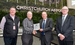 Pictured is AAGSC Chairman Keith Butler presenting the 2013 Safety Award to Jim Boulter, Chief Executive of Christchurch International Airport. On the left is Guy Menzies, Safety Systems Manager for PlaneBiz Ground Handlers at Christchurch, who nominated CIAL for the Award. Graeme Quate, Apron Operations Manager is on the right.
