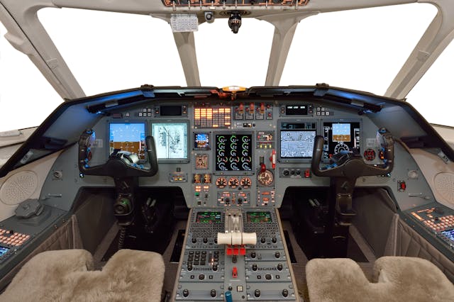 Duncan Aviation recently completed its second installation of Universal Avionics&apos; EFI-890R cockpit upgrade in Falcon 900Bs. This upgrade replaces 25 older instruments and significantly improves reliability and situational awareness. Photo Courtesy of Duncan Aviation, Inc.