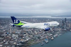 The 747-8 is owned by Boeing and is being used for flight testing. The number 12 is a salute to the team's fans, collectively known as being the Seahawks '12th man.' The 747-8 is owned by Boeing and is being used for flight testing. The number 12 is a salute to the team's fans, collectively known as being the Seahawks '12th man.'