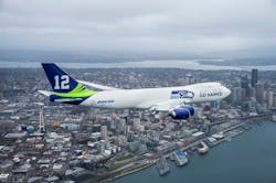 The 747-8 is owned by Boeing and is being used for flight testing. The number 12 is a salute to the team&apos;s fans, collectively known as being the Seahawks &apos;12th man.&apos;