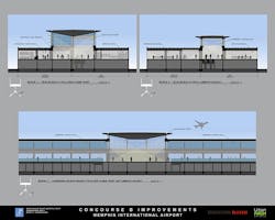 Improvements to Concourse B, now a cramped space with low ceilings, include doubling the width, installing moving sidewalks and adding skylights to allow for more natural light.