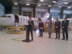 Dr. Eric Hoskins, Ontario, Canada Minister of Economic Development, Trade and Employment announces A $1.2 Million CAD grant for Flying Colours Corp., specialists in aircraft completion, maintenance and refurbishments, for the expansion of its Peterborough, Ontario facility. Pictured: Hoskins; Ontario Minister of Rural Affairs and Peterborough MPP Jeff Leal; Kate Ahrens, Flying Colours VP Corp Development and Interior Design; John Gillespie, Flying Colours President and CEO; and Darryl Bennett, Mayor of Peterborough.