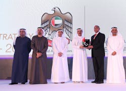 Left to right: Mr. Ismail Abdul Wahid, Assistant Director General of Air Accident Investigations, GCAA; Mr. Ismail Mohammed Al Balooshi, Assistant Director General of Aviation Safety Affairs, GCAA; Mr. Omar Bin Ghaleb, Deputy Director General, GCAA; H.E. Sultan Bin Saeed Al Mansouri, Minister of Economy, UAE; Mr. Wajahat Ali Khan, Director Safety &amp; Quality Assurance, Jet Aviation Dubai; H.E. Saif Mohammed Al Suwaidi, Director General, GCAA.