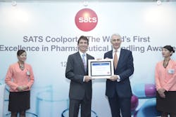 Alex Hungate of SATS receives IATA certification of Coolport as world's First Centre of Excellence in Pharmaceutical Handling from Tony Tyler of IATA Alex Hungate of SATS receives IATA certification of Coolport as world's First Centre of Excellence in Pharmaceutical Handling from Tony Tyler of IATA