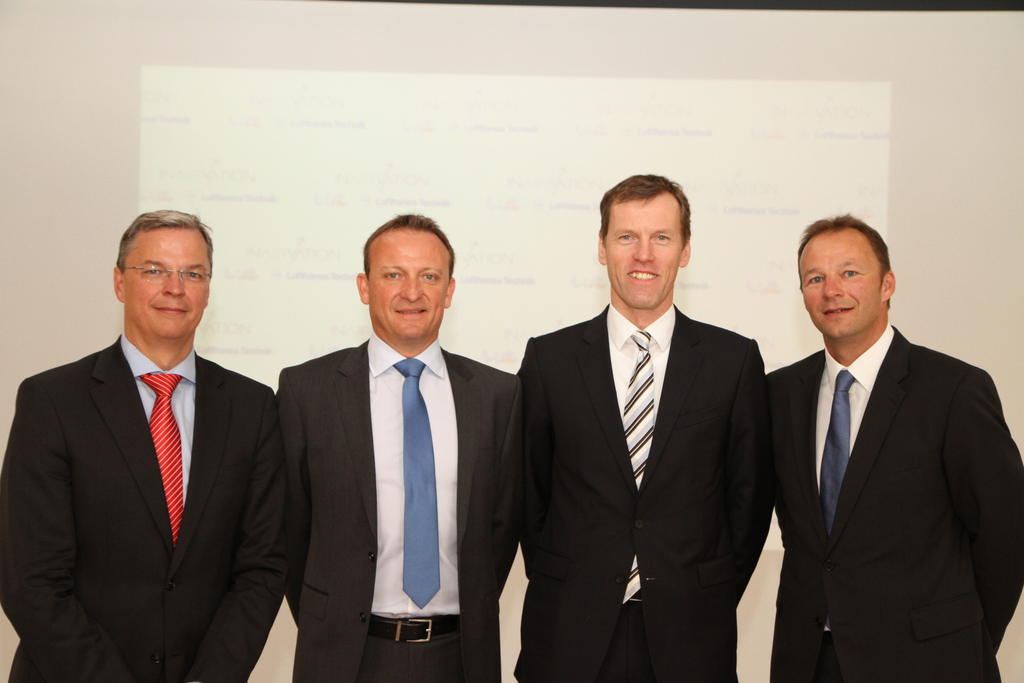 (From left to right): Dr. Johannes Bu&szlig;mann (Chief Executive Human Resources, Engine & VIP-Services von Lufthansa Technik), Werner Kartner (Vice President Aircraft Interior of LIST components and furniture), Dr. Philip von Schroeter (Section Manager Business Aviation Products of Lufthansa Technik) and Mag. Michael Groiss (CEO of LIST components & furniture).