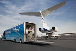 Technicians assigned to Gulfstream's 74-foot tractor trailer can make minor repairs, change engines, replace LRUs, and conduct post flight, unscheduled and storage inspections. The AMTs have an office, computers to access technical data and breakroom complete with lounge, galley kitchen and stocked freezer and refrigerator. Technicians assigned to Gulfstream's 74-foot tractor trailer can make minor repairs, change engines, replace LRUs, and conduct post flight, unscheduled and storage inspections. The AMTs have an office, computers to access technical data and breakroom complete with lounge, galley kitchen and stocked freezer and refrigerator.