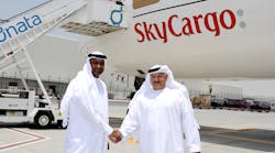 (Right) Khalifa Al Zaffin, Executive Chairman Dubai Aviation City Corporation, welcomes Emirates Divisional Senior Vice President, Cargo, to mark the start of Emirates SkyCargo freighter operations at DWC