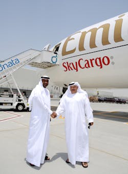 (Right) Khalifa Al Zaffin, Executive Chairman Dubai Aviation City Corporation, welcomes Emirates Divisional Senior Vice President, Cargo, to mark the start of Emirates SkyCargo freighter operations at DWC (Right) Khalifa Al Zaffin, Executive Chairman Dubai Aviation City Corporation, welcomes Emirates Divisional Senior Vice President, Cargo, to mark the start of Emirates SkyCargo freighter operations at DWC