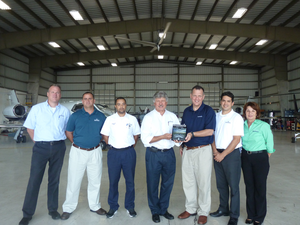 Members of the Banyan avionics team were honored to receive the Garmin Platinum Award presented by Joe Stewart of Garmin. Russell Otowchits, Nathan Hernandez, Craig Chin, Don Campion, Joe Stewart, Pedro Artidiello, and Lynn Juengel.