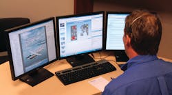 Justin Gray is shown here instructing the Caravan 208 Initial course. Left screen is the FlightSafety Maintenance Training Manual which the client is also able to download; Center screen is instructor&rsquo;s WEBEX interface; Right screen is Cessna Maintenance manuals. Each screen can be shared with the client.