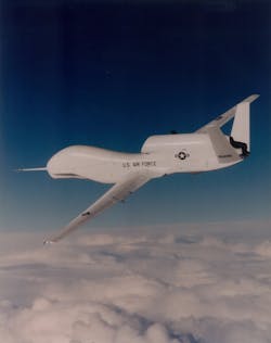 A historical look at the first Global Hawk (AV1) during its maiden flight over Edwards Air Force Base, Calif., on Feb. 28, 1998. AV1 has made history again with its 100th flight in support of NASA environmental research.