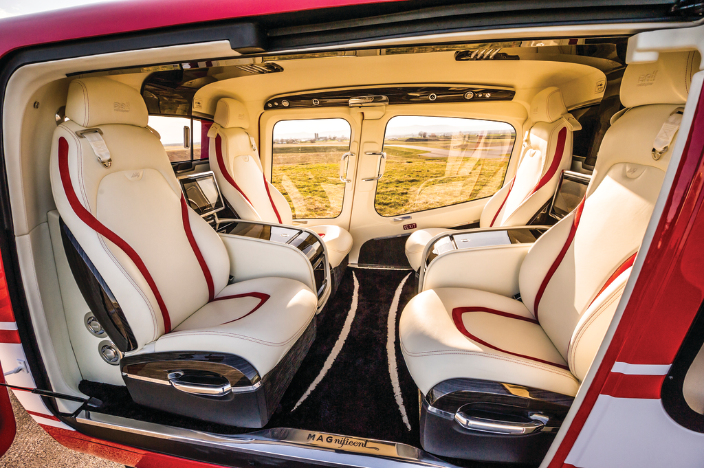 Branded the Bell 429 MAGnificent, this interior design from Mecaer Aviation Group, offers Italian style and craftsmanship and functionality with state-of-the-art inflight entertainment systems.