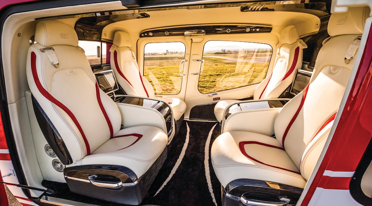 Branded the Bell 429 MAGnificent, this interior design from Mecaer Aviation Group, offers Italian style and craftsmanship and functionality with state-of-the-art inflight entertainment systems.