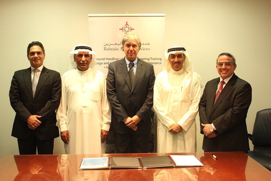 SITA and Bahrain Airport Services sign a five-year agreement to automate staff rostering and allocation at Bahrain International Airport. Pictured (left to right) are: Mr. Mohamed A. Rahim Abu-Saif, Senior manager of ICT, Bahrain Airport Services; Mr. Salman Saleh Al Mahmeed, Acting Chief Executive Officer of Bahrain Airport Services; Mr. Hani El Assaad, SITA President, Middle East, India and Africa; Mr. Khalid A. Rahim Al-Balooshi, Chief Financial Officer, Bahrain Airport Services; and Mr. Roger Nakouzi, Account Director, SITA.