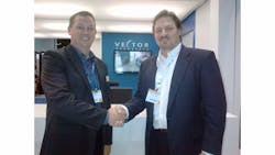 Jeff Poirier (left), President of ES-A, and Stephen Kennicot, Managing Director or Aerway Leasing, LLC shake hands following an engine services agreement signing at NBAA 2014 in Orlando, Florida.