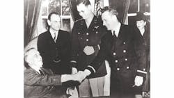 President Franklin D. Roosevelt presents the nation’s first-ever Air Medals, given for valor in flight, to a pair of CAP subchasers – Maj. Hugh R. Sharp, center, and 1st Lt. Edmund “Eddie” Edwards, second from right, in the Oval Office in February 1943. President Franklin D. Roosevelt presents the nation’s first-ever Air Medals, given for valor in flight, to a pair of CAP subchasers – Maj. Hugh R. Sharp, center, and 1st Lt. Edmund “Eddie” Edwards, second from right, in the Oval Office in February 1943.