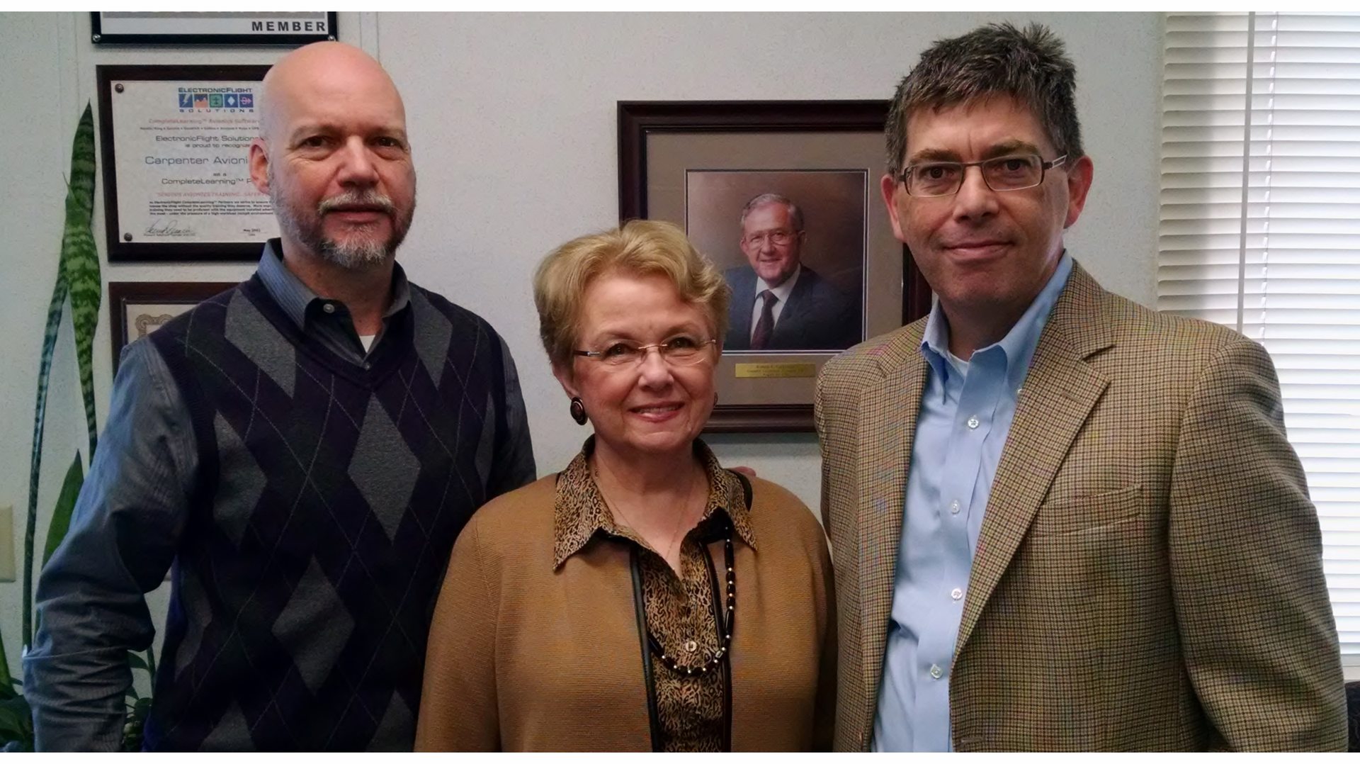 Carpenter Avionics Senior Leadership (left to right): John DenDekker, General Manager; Fran Carpenter, former CEO and President; and Mark Lee, new President and Owner.