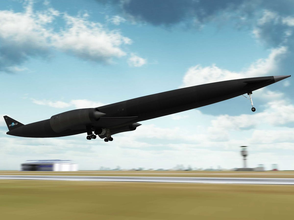 A rendering of Reaction Engines&rsquo; Skylon aircraft taking off.