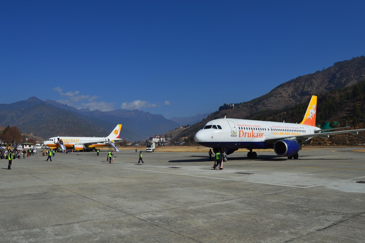 The entire range of carriers serving Bhutan is on display on the tarmac at Paro.