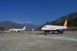 The entire range of carriers serving Bhutan is on display on the tarmac at Paro. The entire range of carriers serving Bhutan is on display on the tarmac at Paro.