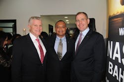 Gary Dempsey, Alphonso Bowe and David Paddock at the celebration of its opening. Jet Aviation Nassau hosted a welcome reception for customers, local delegates and business executives on January 23, 2015.